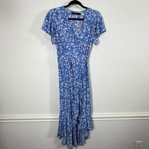 Zesica Wrap Dress Women S Blue Floral Ruffle Hem Flutter Sleeve Cottagecore Midi